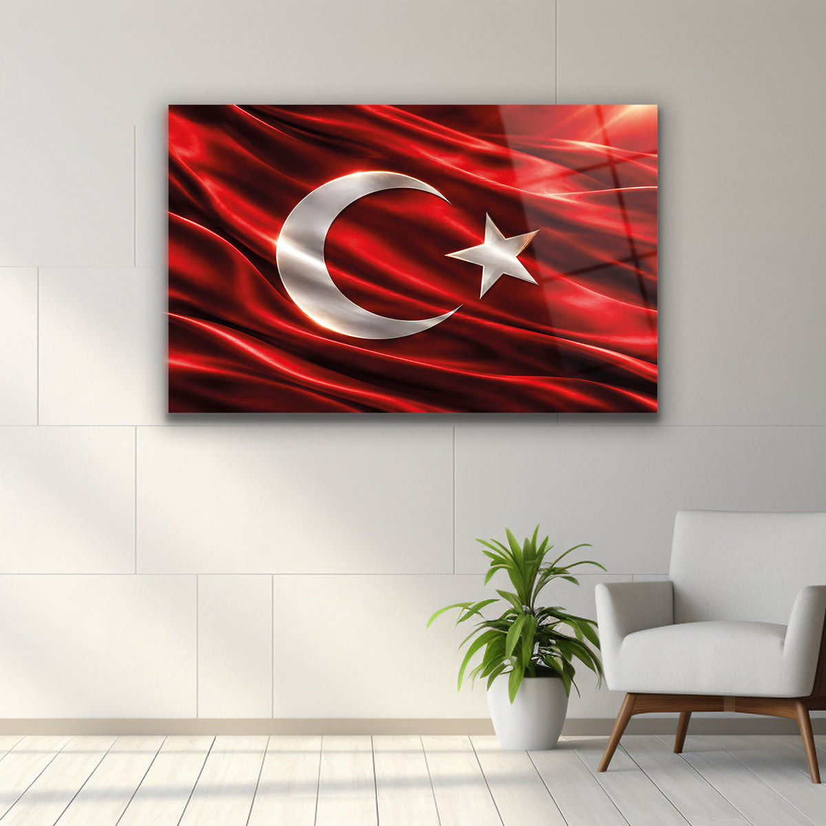 Yatay Türk Bayrağı tasarımında ışıklı kumaş kıvrımları ve ay yıldız