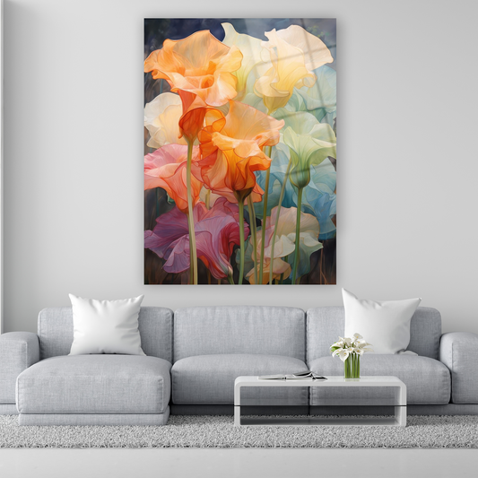 pastel tonlarda transparan çiçekli cam tablo