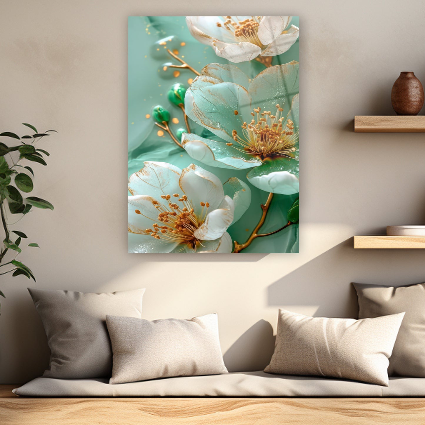 altın yaldızlı beyaz manolya benzeri çiçek posteri