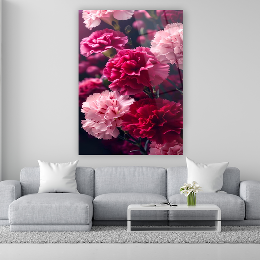 yakın çekim pembe ve kırmızı karanfil buketi cam tablo