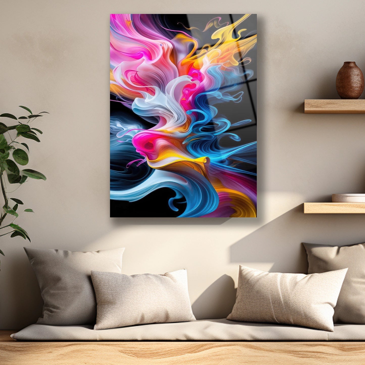 Renkli akışkan boya geçişlerini gösteren parlak cam baskı detayı