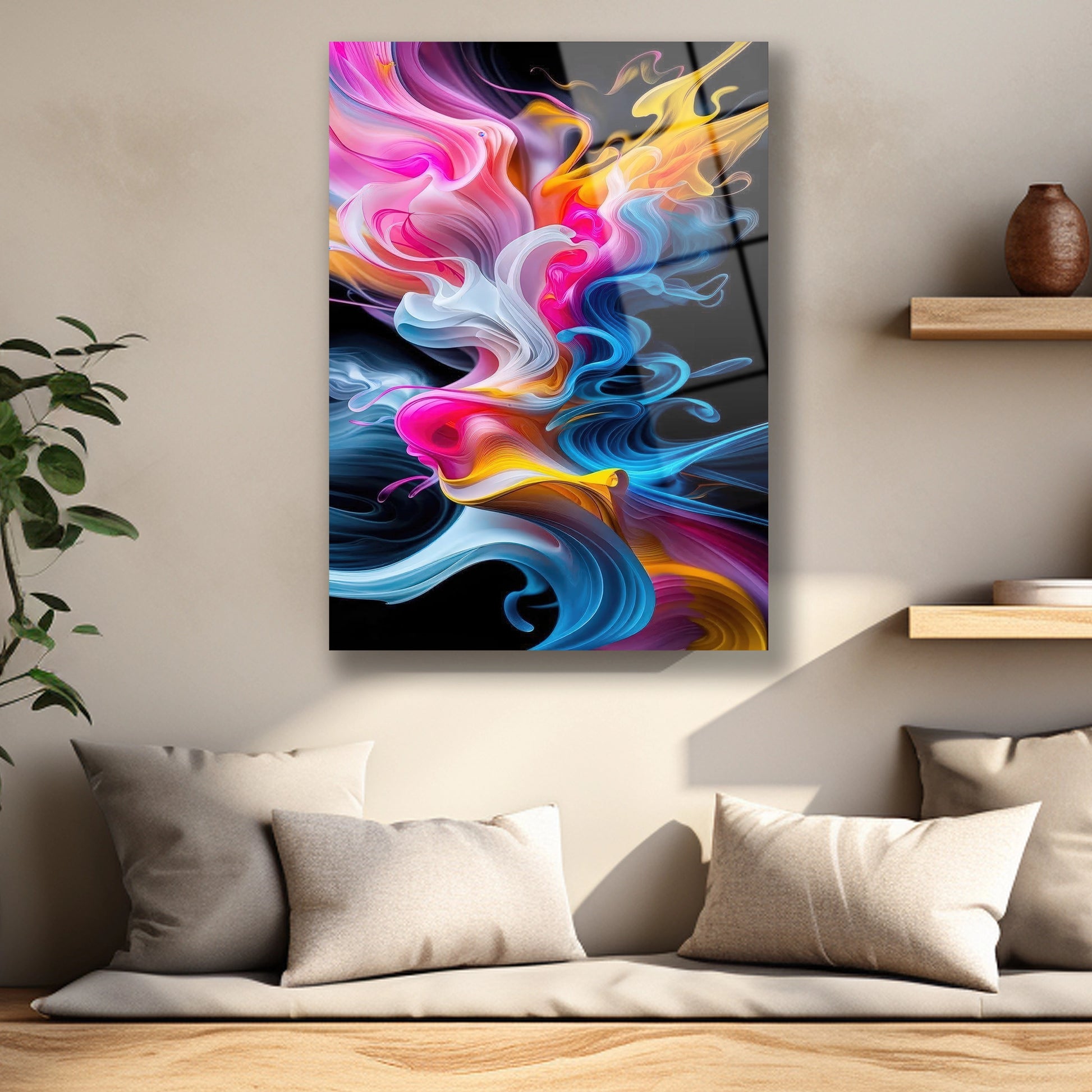 Renkli akışkan boya geçişlerini gösteren parlak cam baskı detayı