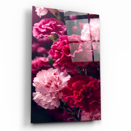Pembe ve Kırmızı Karanfil Bahçesi Yakın Çekim Cam Tablo