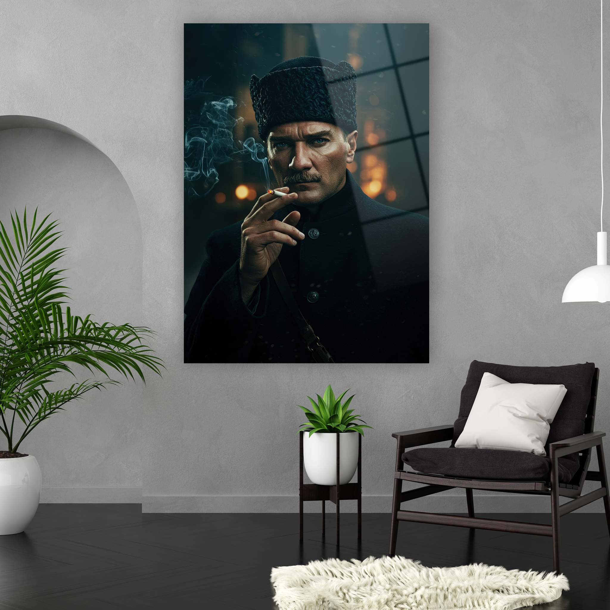 koyu tonlu asil lider portresi temperli cam tablo denizli