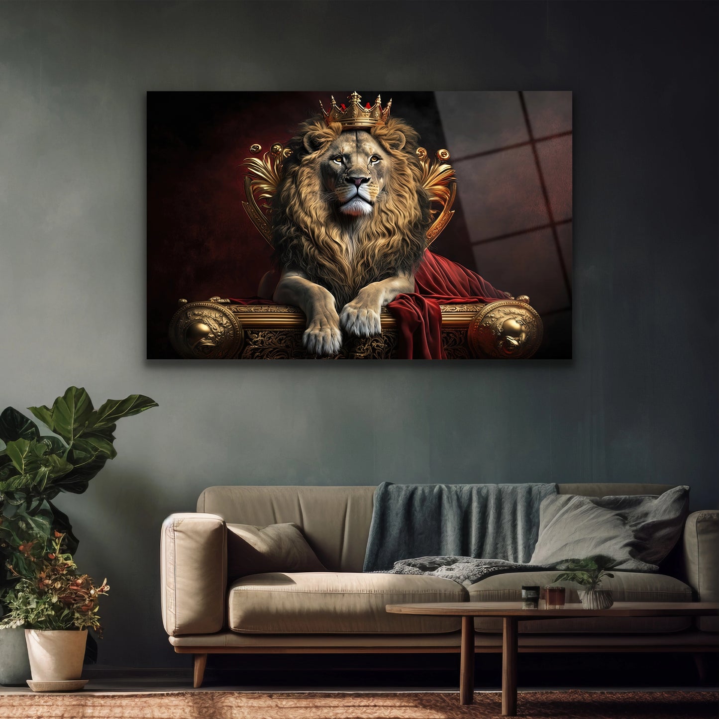 Siyah zemin üzerine altın detaylı aslan kral cam baskı