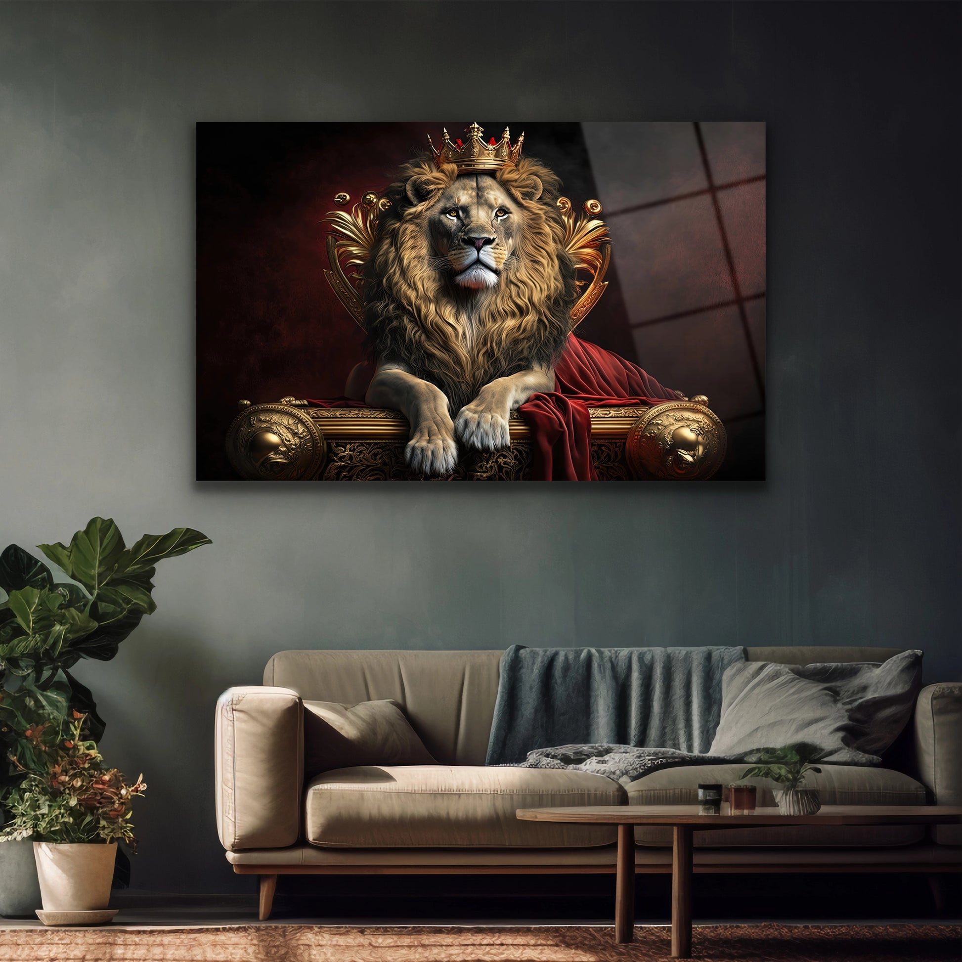 Siyah zemin üzerine altın detaylı aslan kral cam baskı