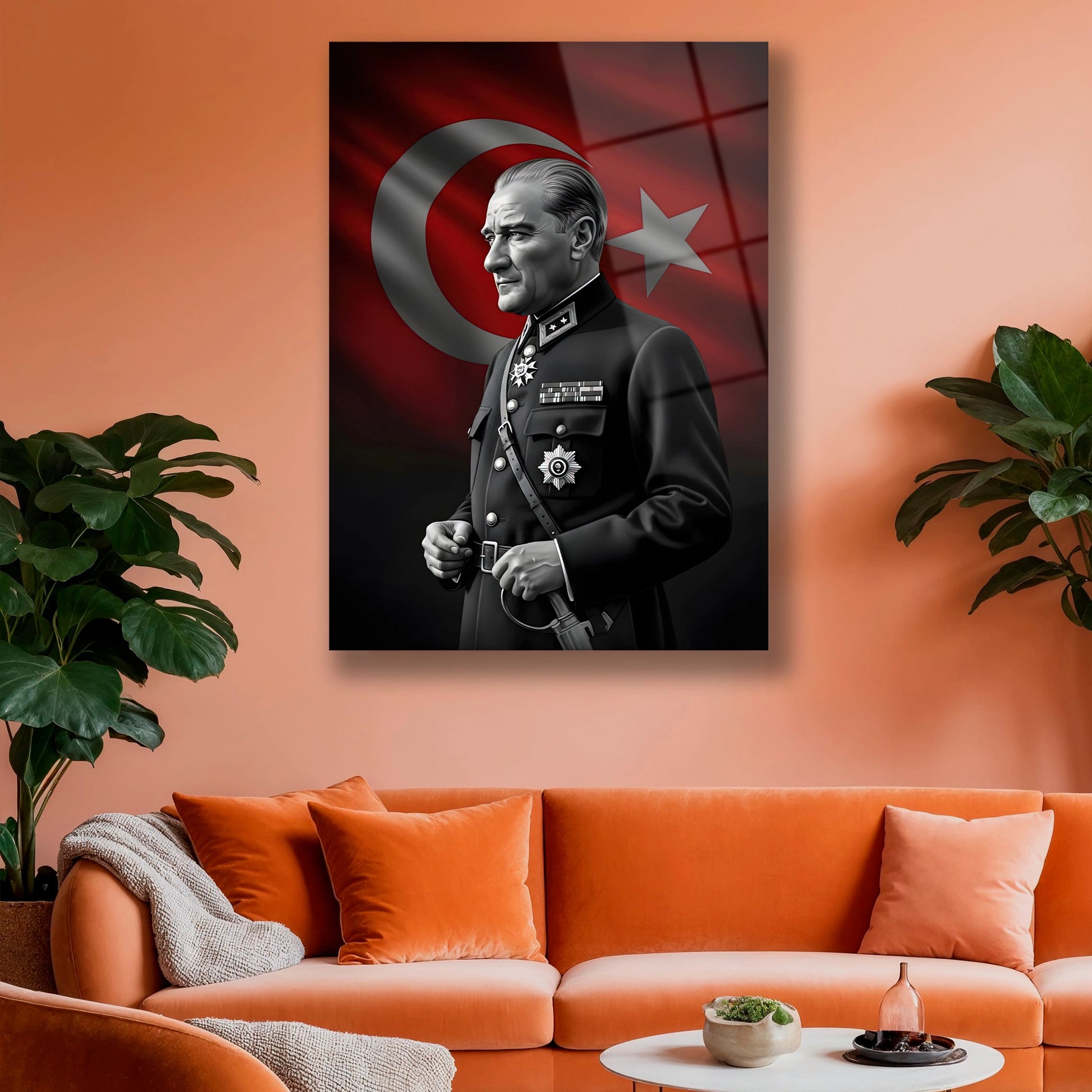 Resmi makam odasında asılı bayrak fonlu Atatürk duvar dekoru