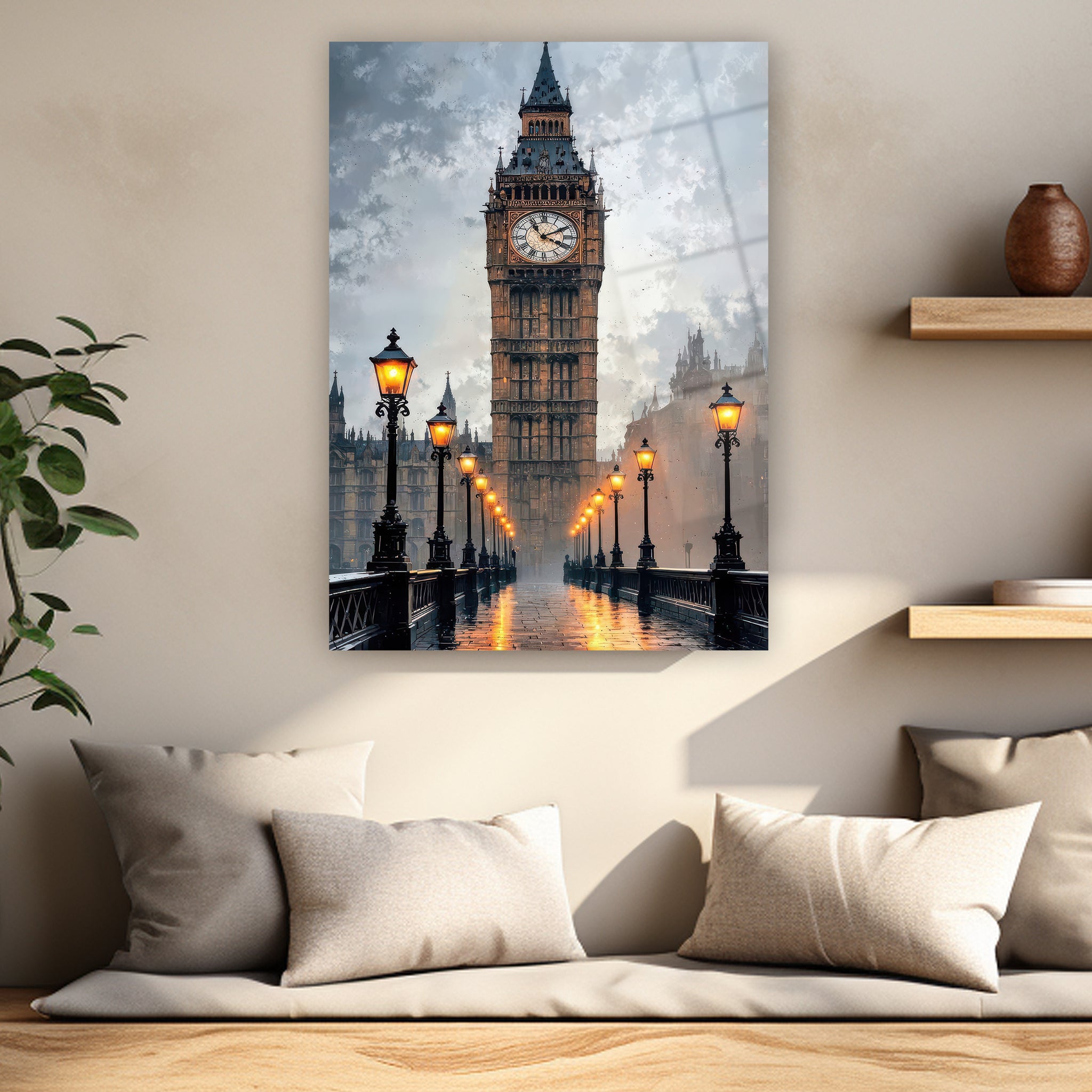 rainy london street big ben glass art