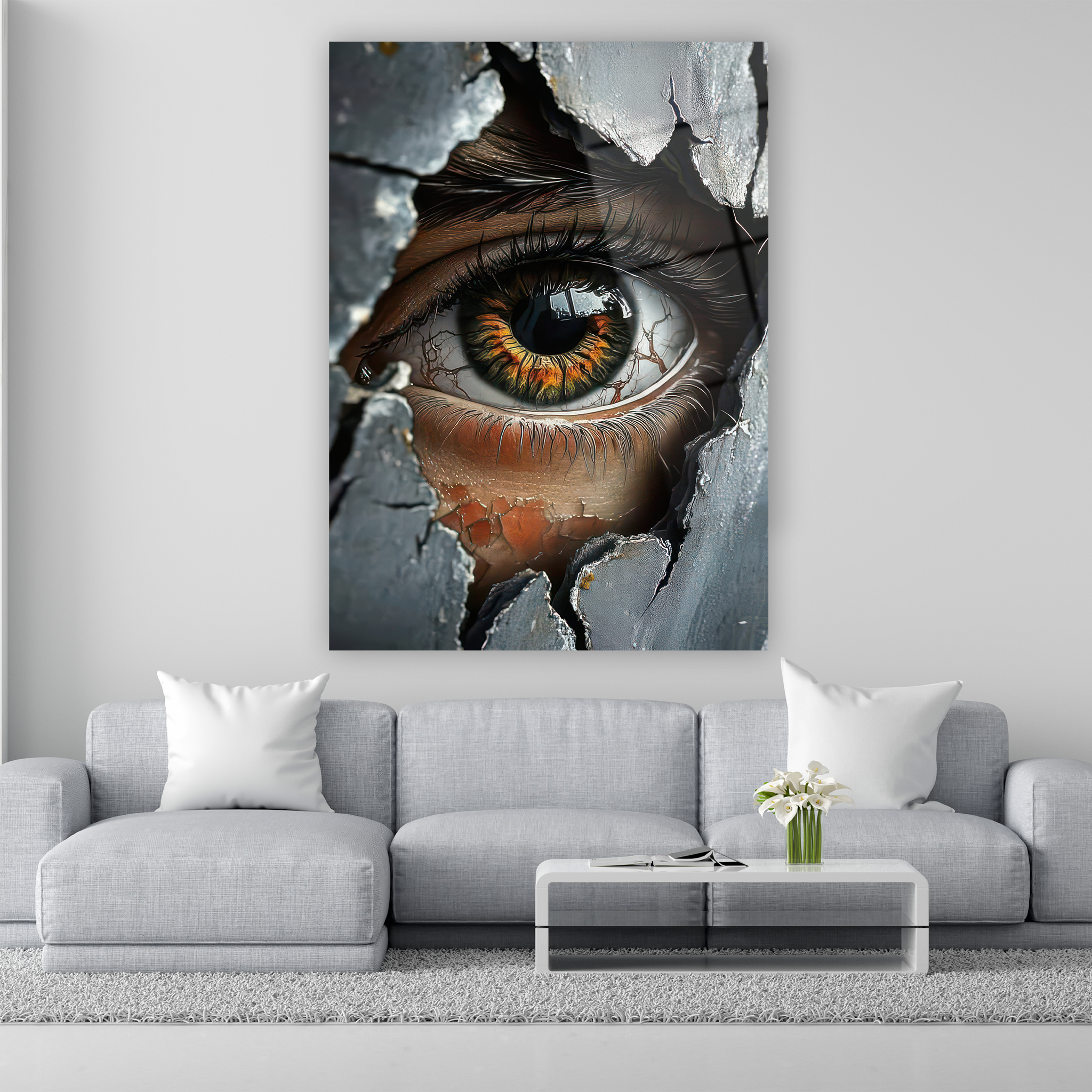 hyper realistic eye looking through crack glass art