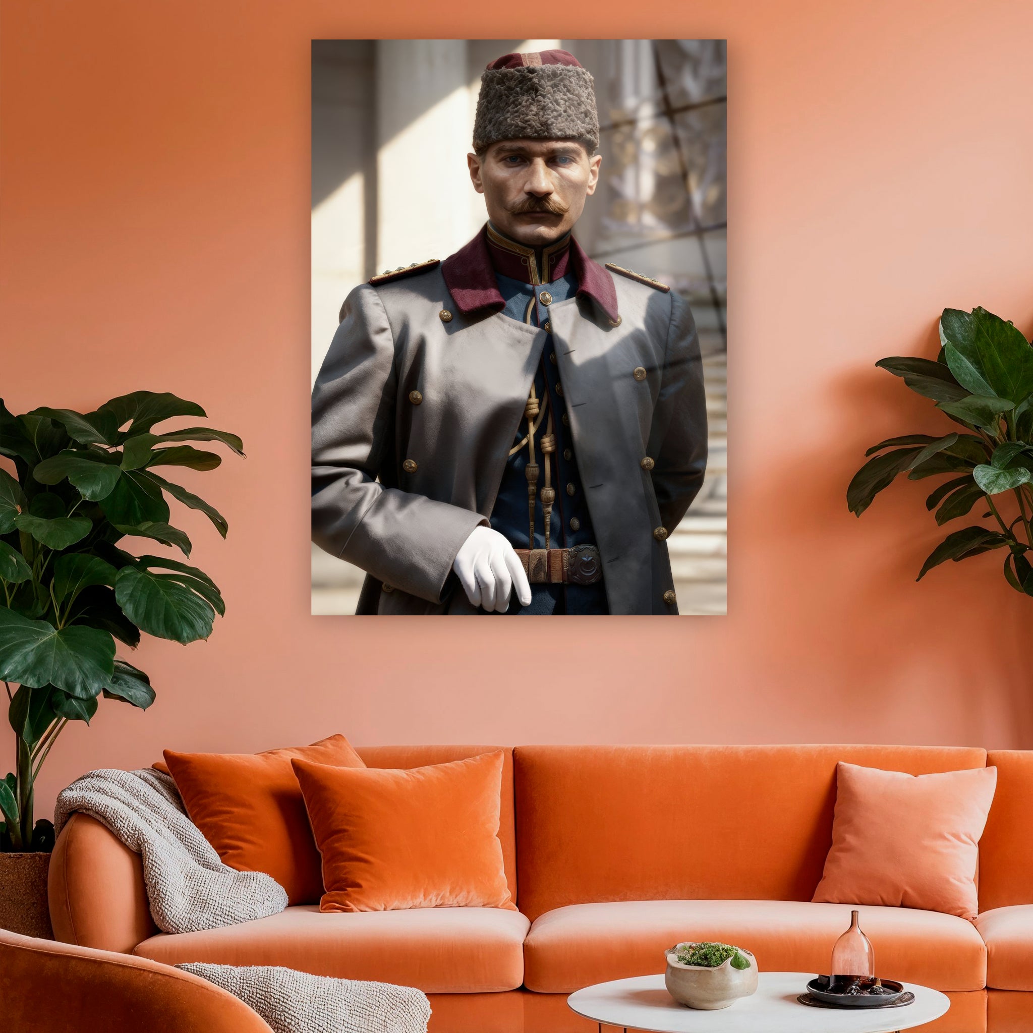kalpaklı ve üniformalı genç atatürk renkli portre duvar dekoru