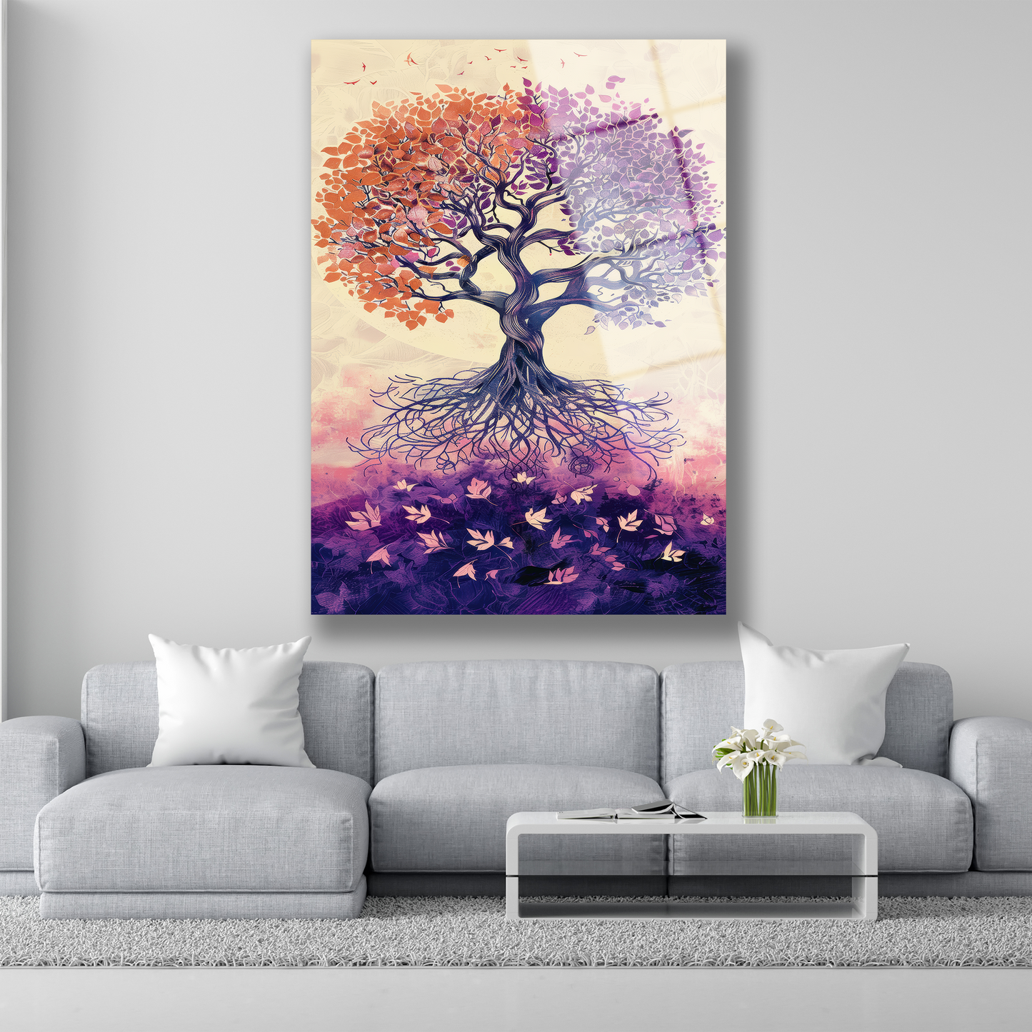 Renkli Hayat Ağacı Cam Tablo Turuncu Mor Detaylı Dekorica
