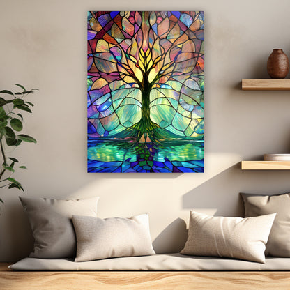 mozaik desenli ağaç ve su yansıması duvar dekoru