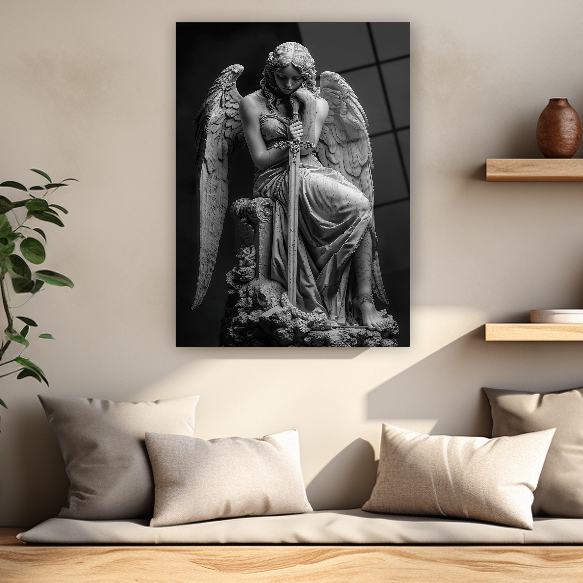 angel of grief with sword glass art