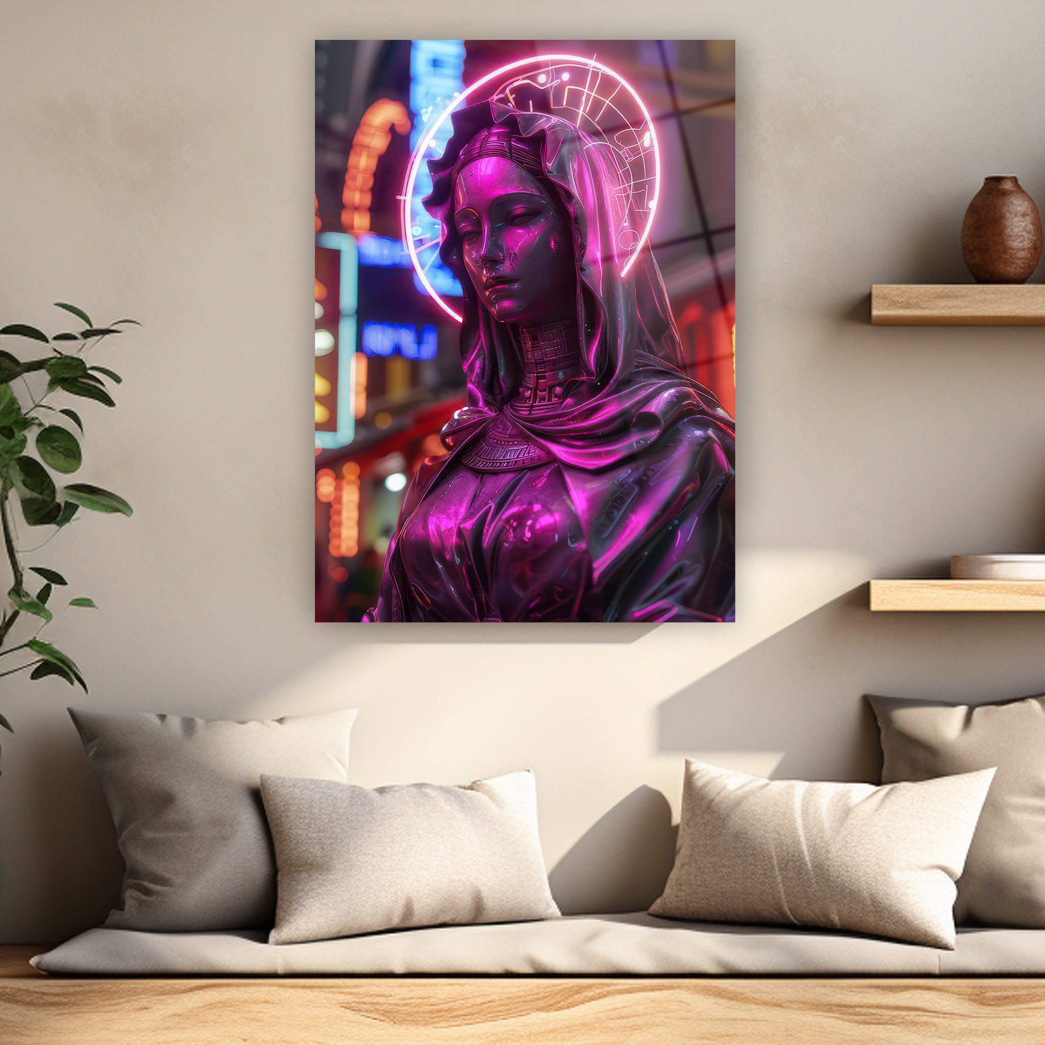 neon pembe halo ve metalik kadın heykeli poster