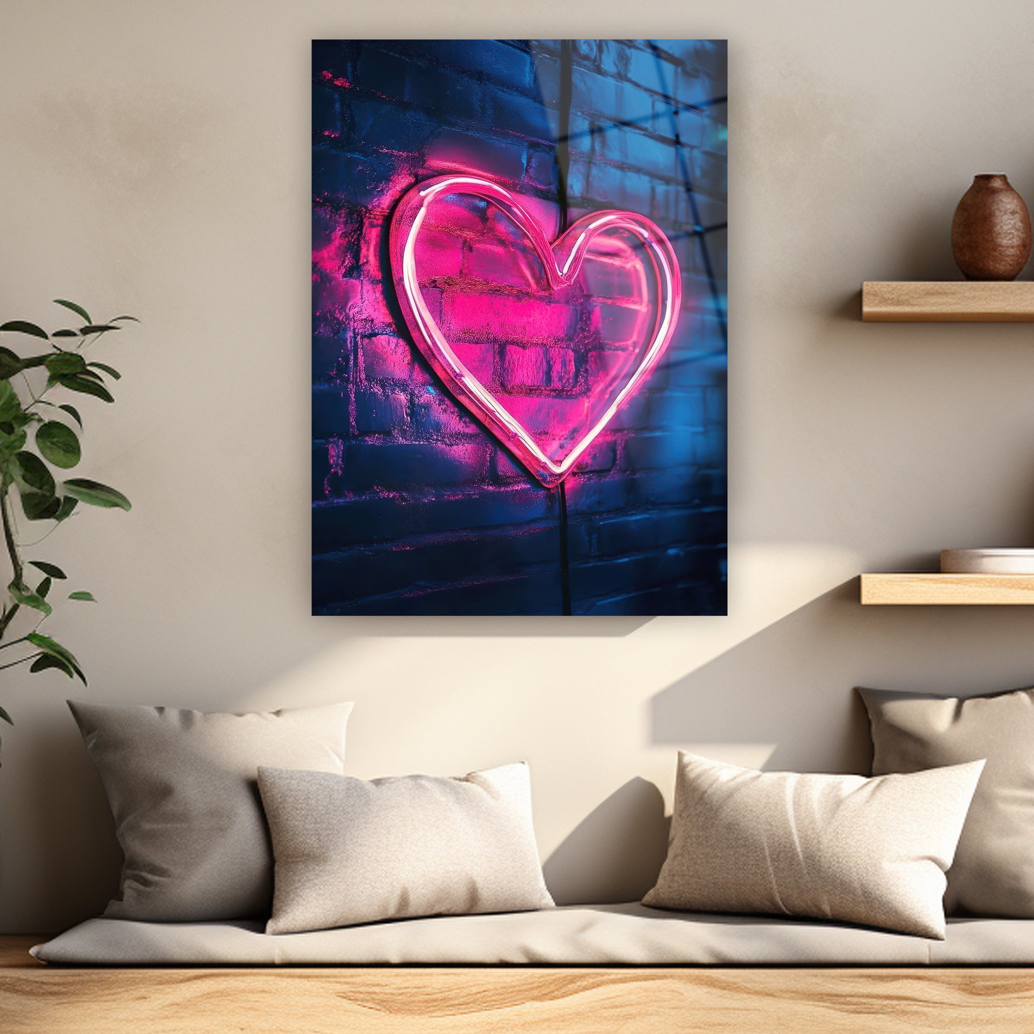 neon pink heart sign on brick wall glass art