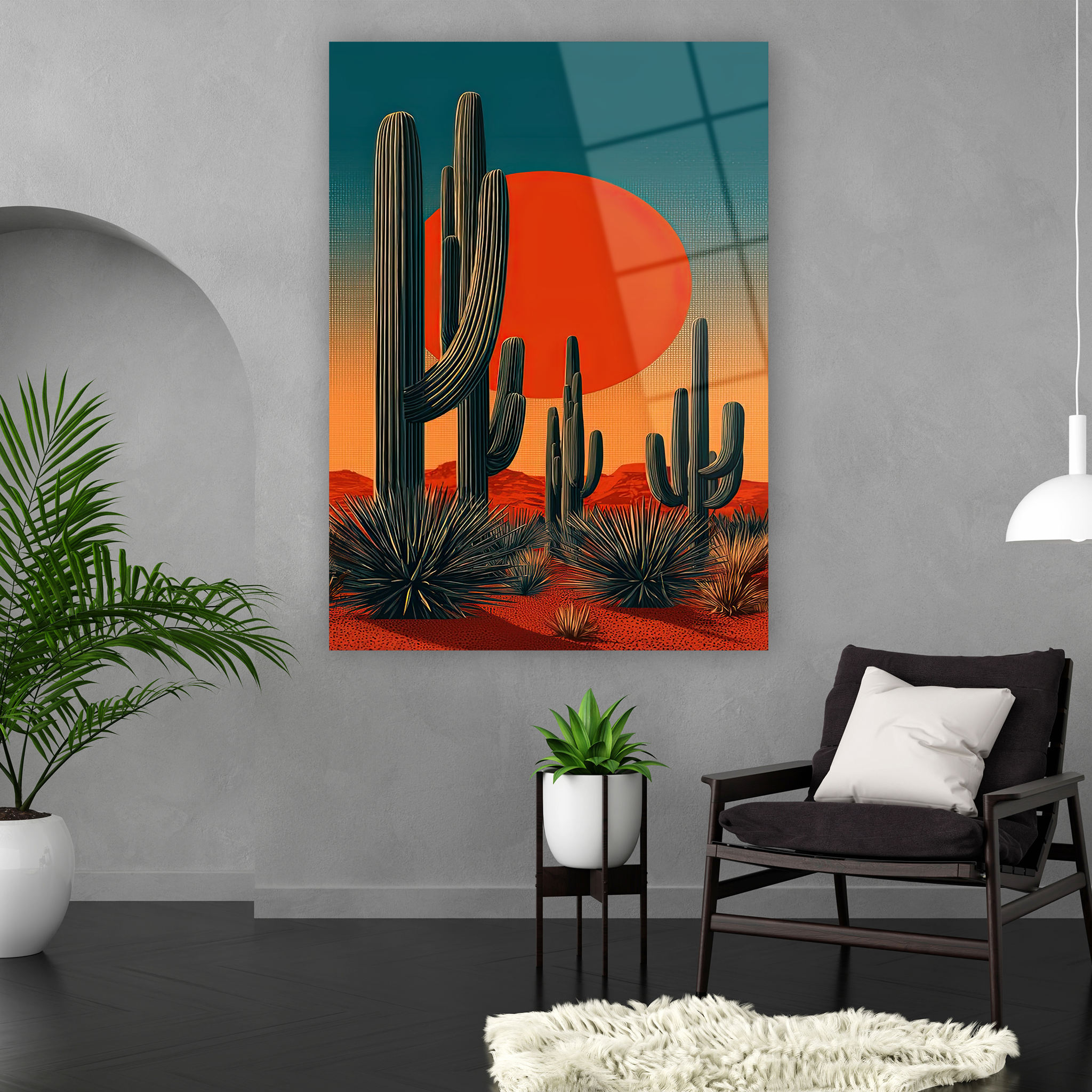dev saguaro kaktüsleri sıcak gün batımı cam sanatı tasarımı