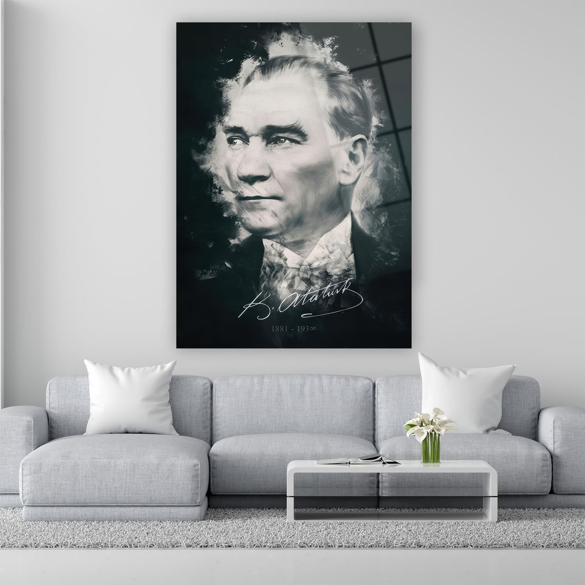 İmzalı siyah beyaz Atatürk cam tablo tasarımı