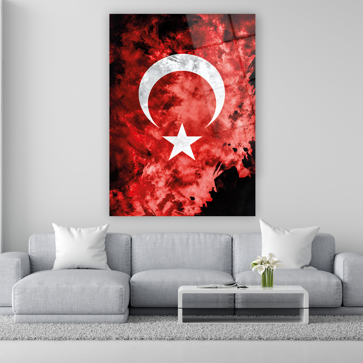 Beyaz ay yıldızlı sanatsal Türk Bayrağı cam tablo