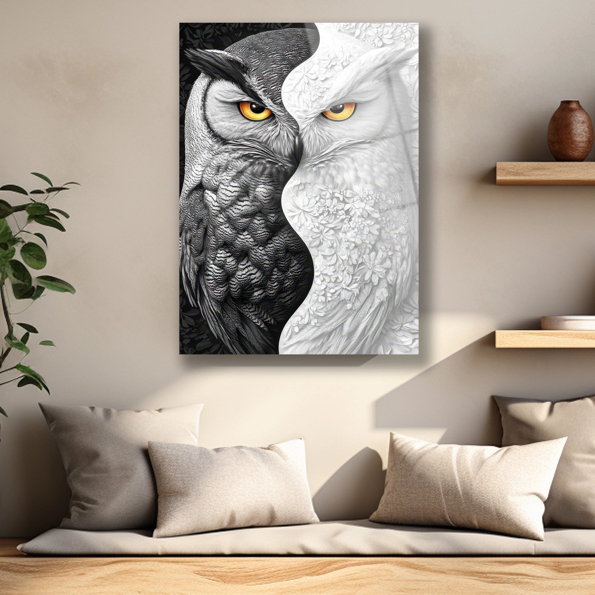 Baykuşun parlak sarı gözleri ve beyaz çiçek işlemeli tüy detayları