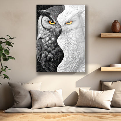 Baykuşun parlak sarı gözleri ve beyaz çiçek işlemeli tüy detayları