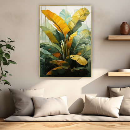 sarı ve yeşil muz yaprakları yağlı boya cam tablo