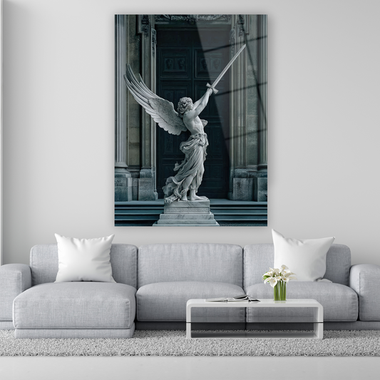 kılıç tutan kanatlı melek heykeli cam tablo