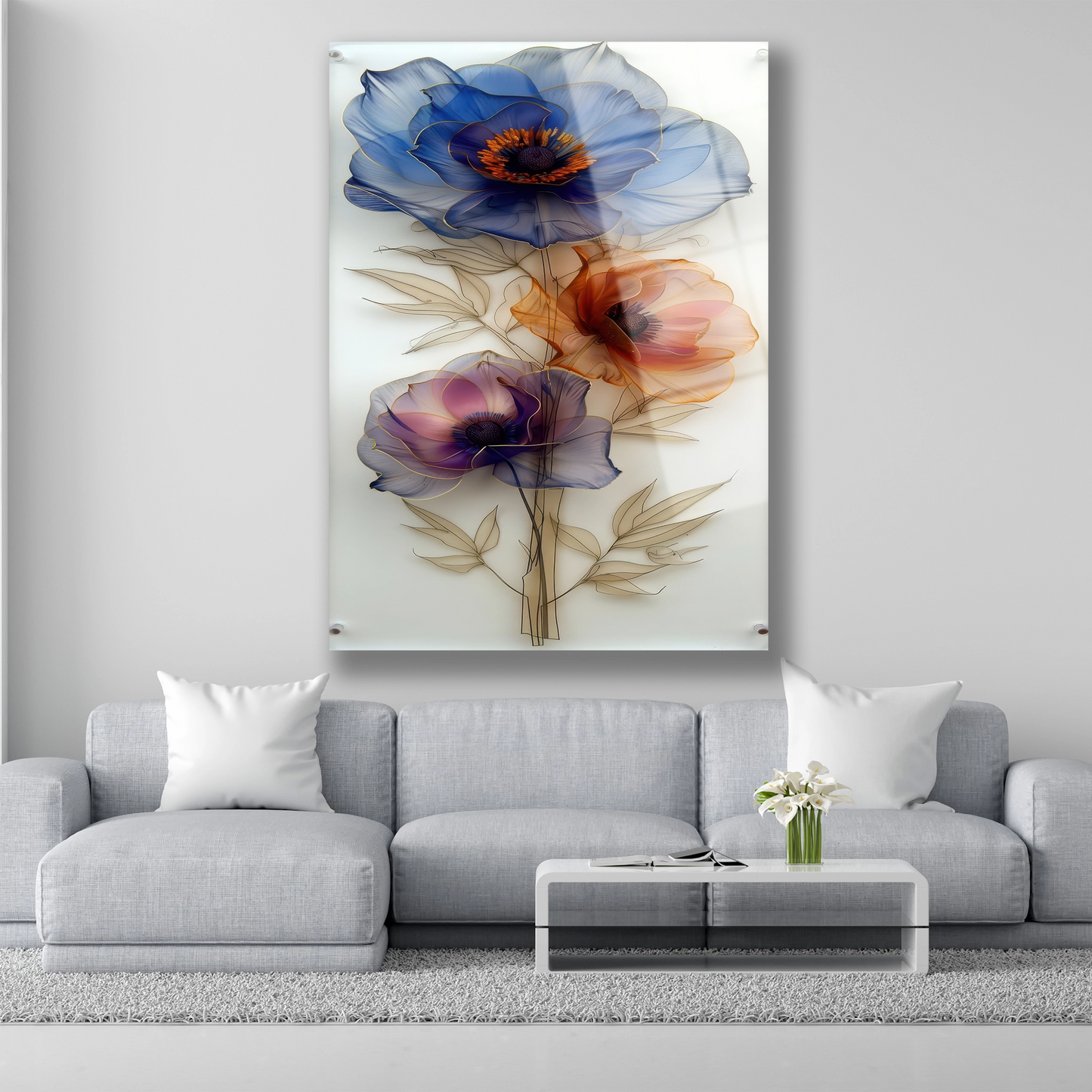 Mavi turuncu ve mor saydam çiçek desenli modern cam tablo