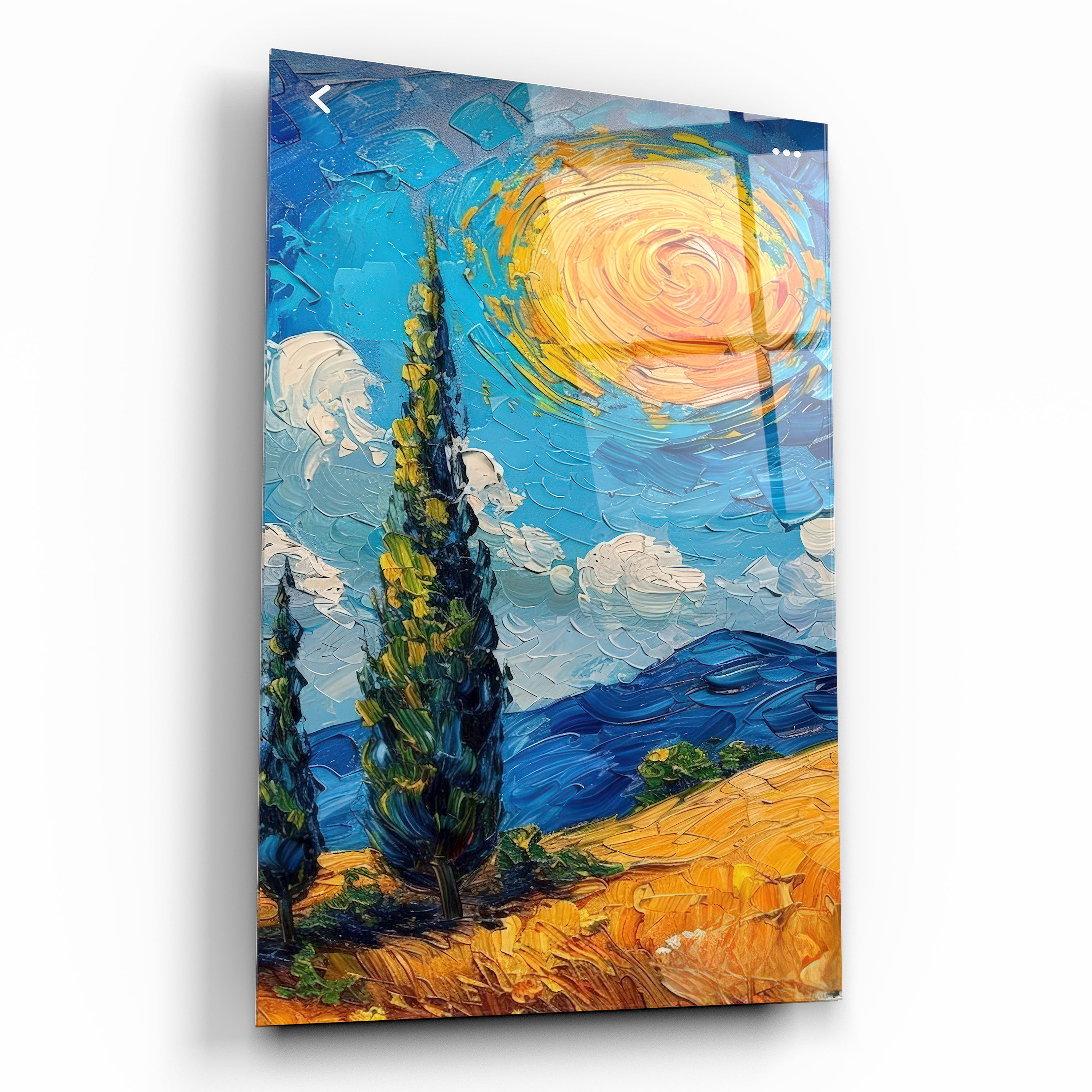 selvi ağacı ve dönen güneş cam tablo van gogh stili
