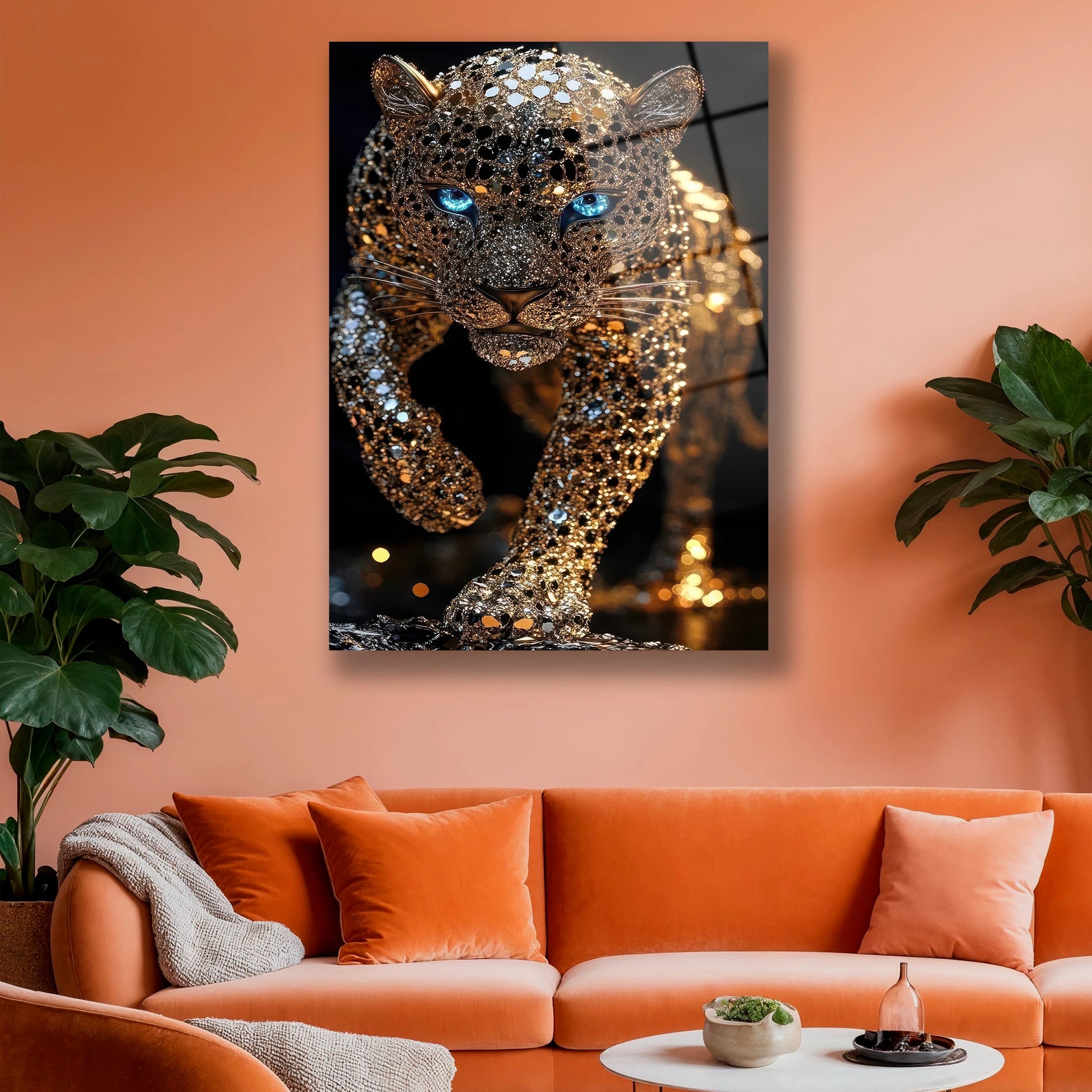 Siyah duvarda asılı lüks görünümlü altın leopar desenli cam baskı