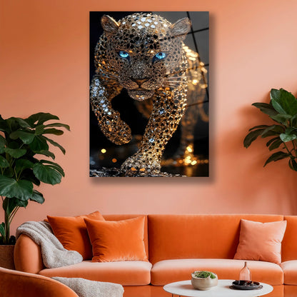 Siyah duvarda asılı lüks görünümlü altın leopar desenli cam baskı