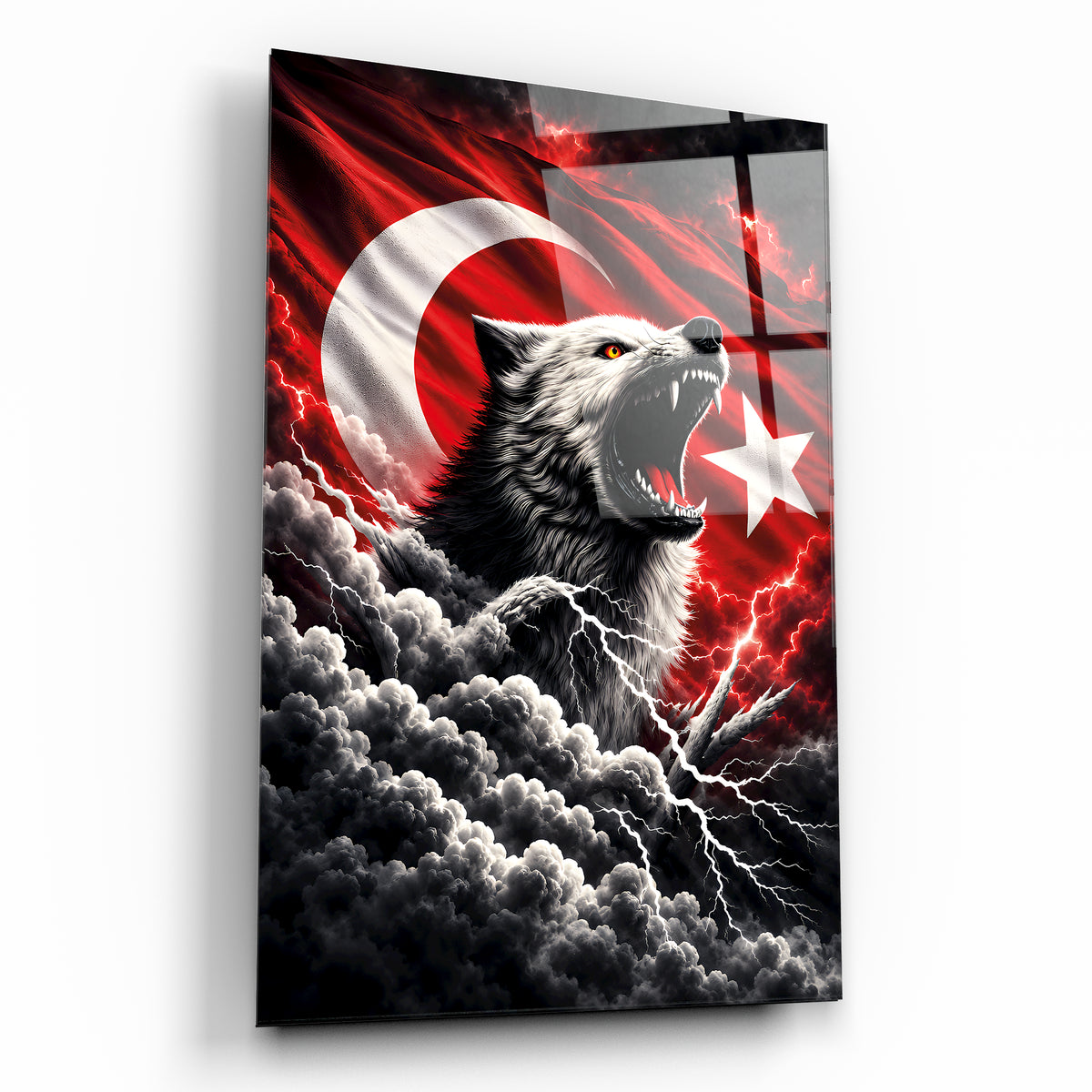 Şimşekli Bozkurt Türk Bayrağı cam tablo
