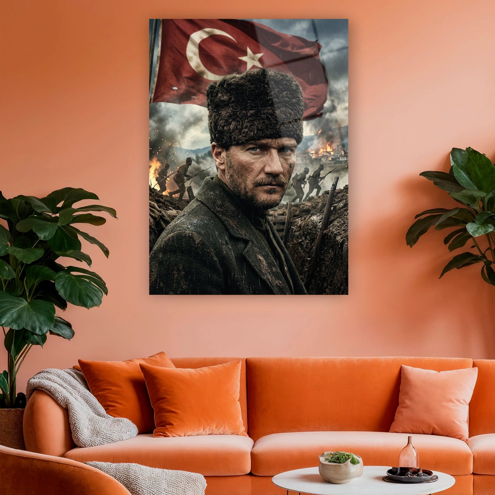 makam odası için sinematik savaş atmosferli atatürk cam sanatı