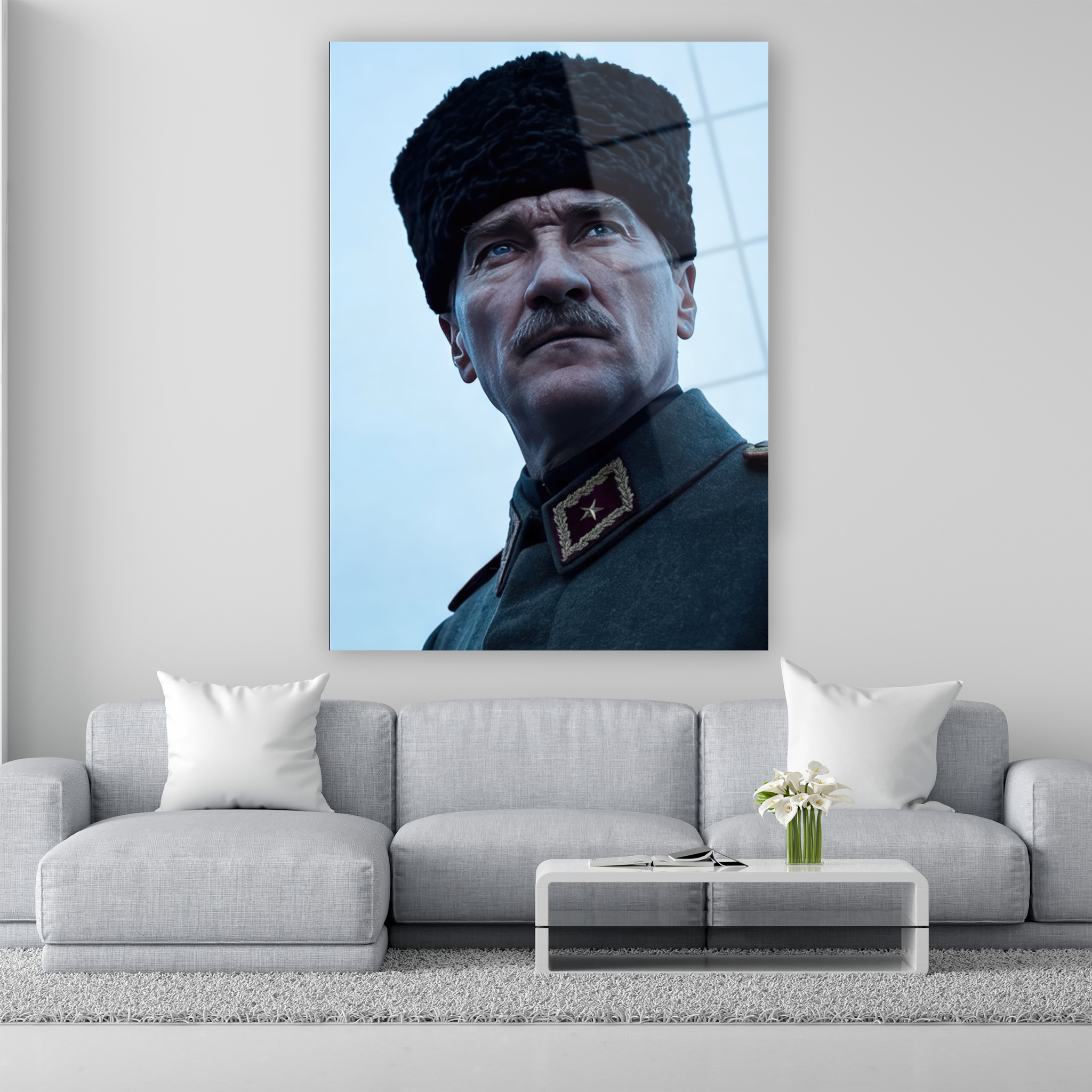 sinematik hiper gerçekçi kalpaklı atatürk portresi cam tablo