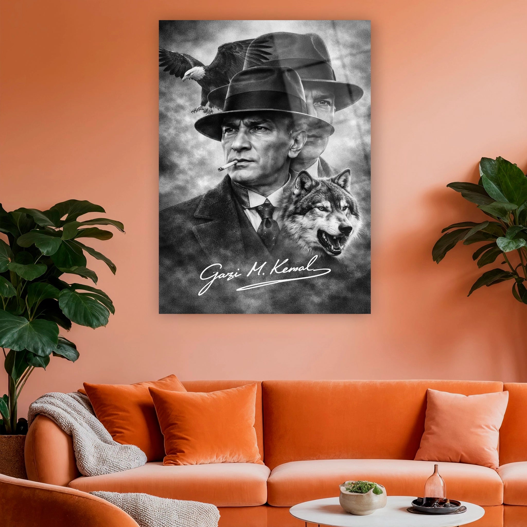 makam odası için sinematik fötr şapkalı atatürk cam sanatı