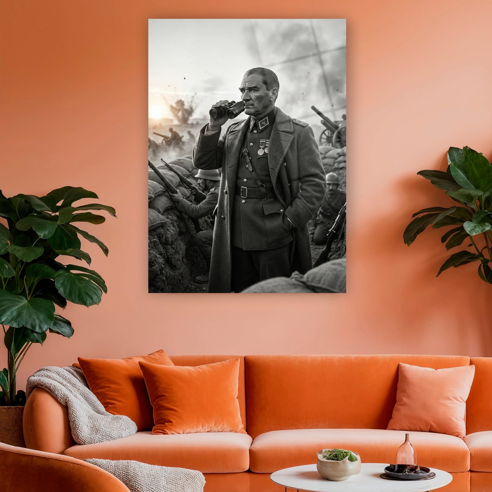 siperde askeri üniformalı mustafa kemal siyah beyaz duvar dekoru