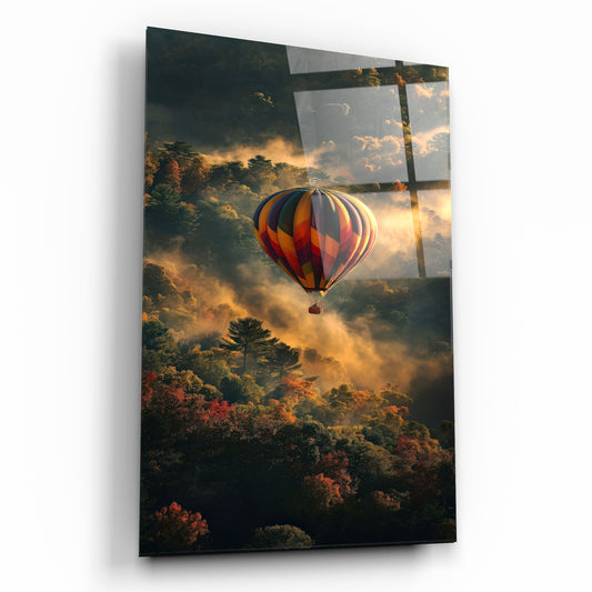 Sisli Sonbahar Ormanı ve Sıcak Hava Balonu Cam Tablo