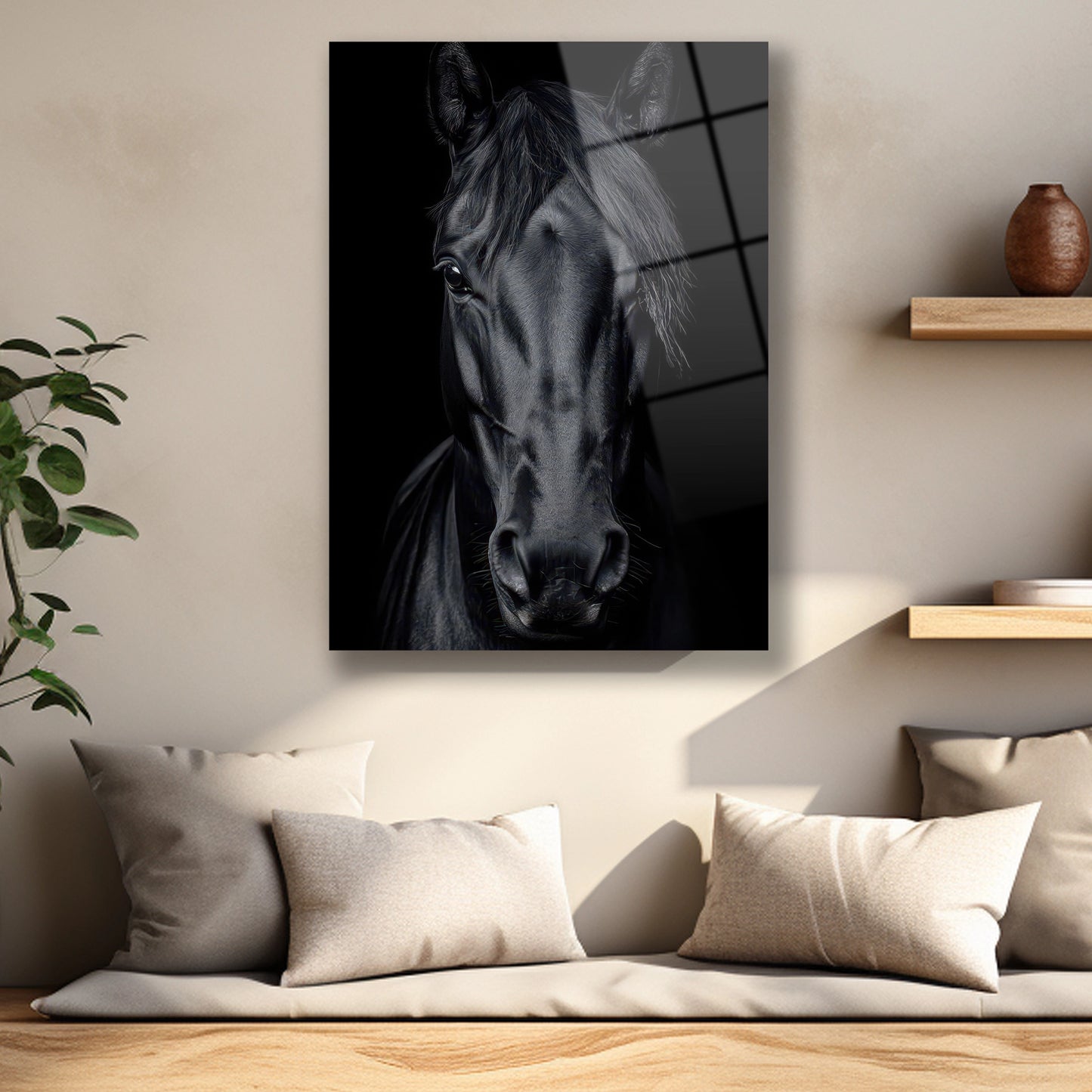 Siyah atın parlak yele ve göz detaylarını gösteren cam baskı