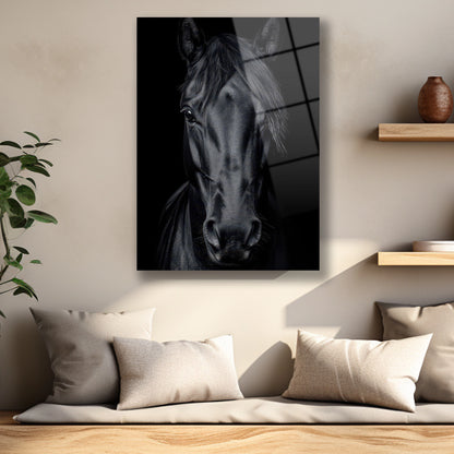 Siyah atın parlak yele ve göz detaylarını gösteren cam baskı