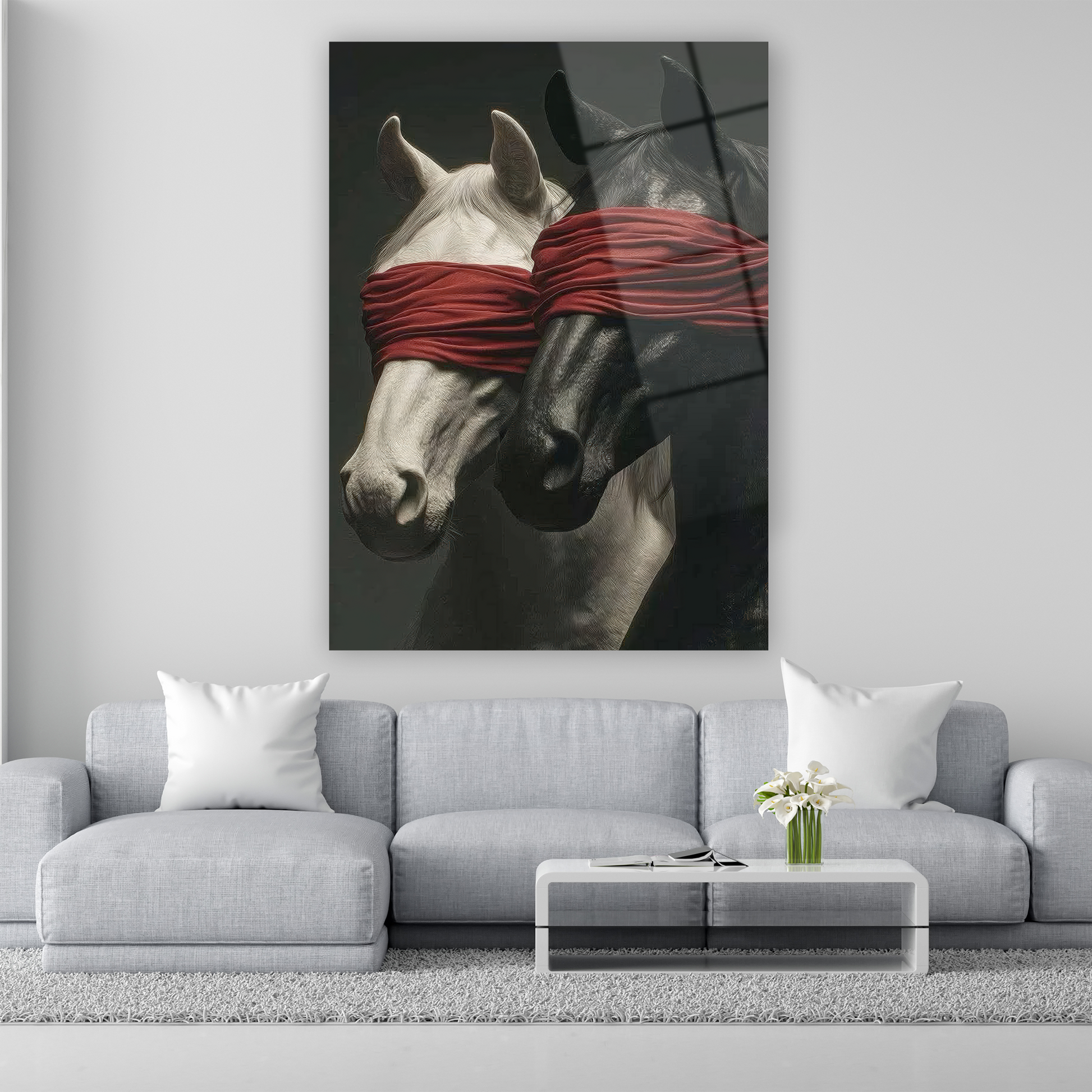 Siyah ve beyaz at figürlü kırmızı göz bağlı sanatsal cam tablo
