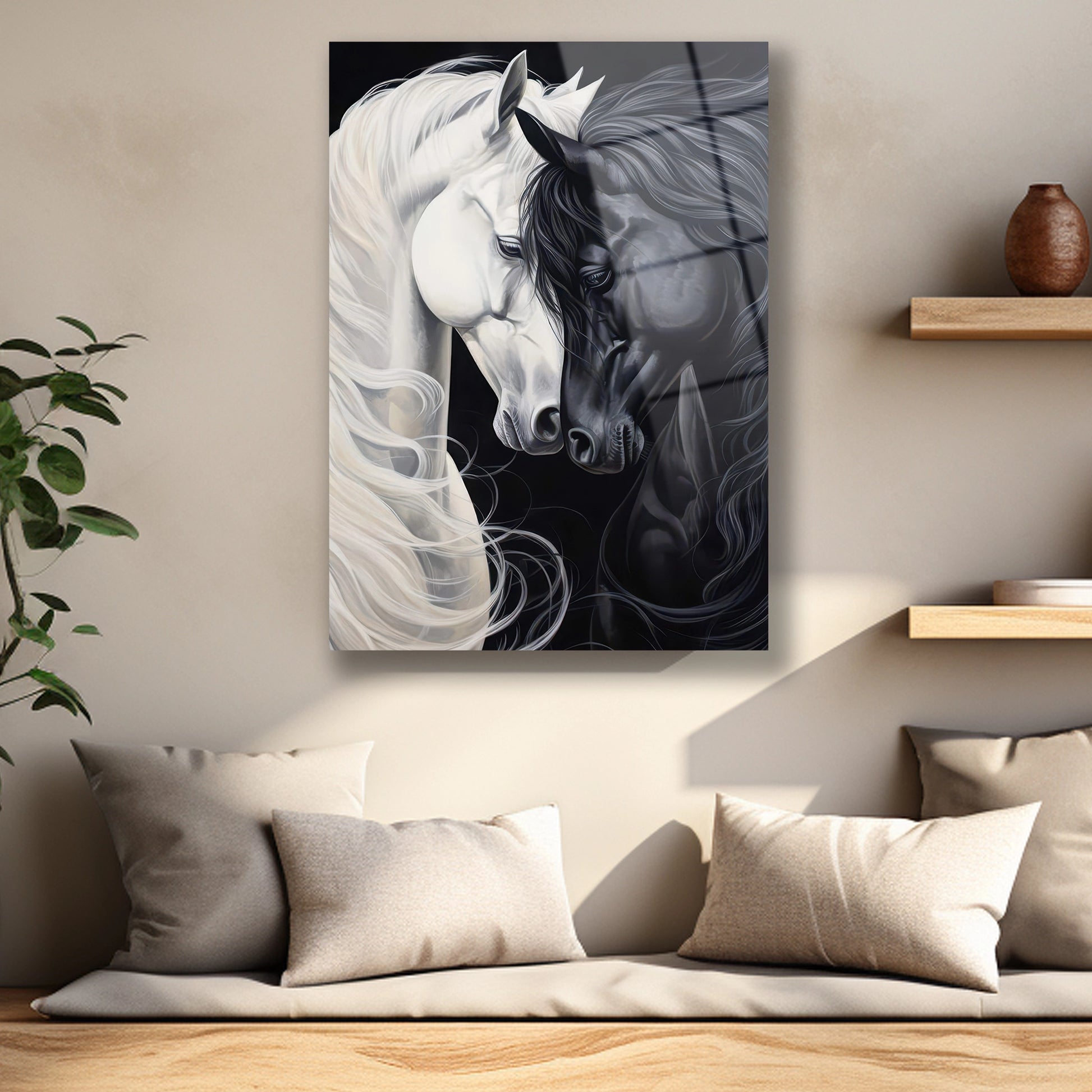 Siyah ve beyaz atın yele detaylarını ve gözlerini gösteren cam baskı