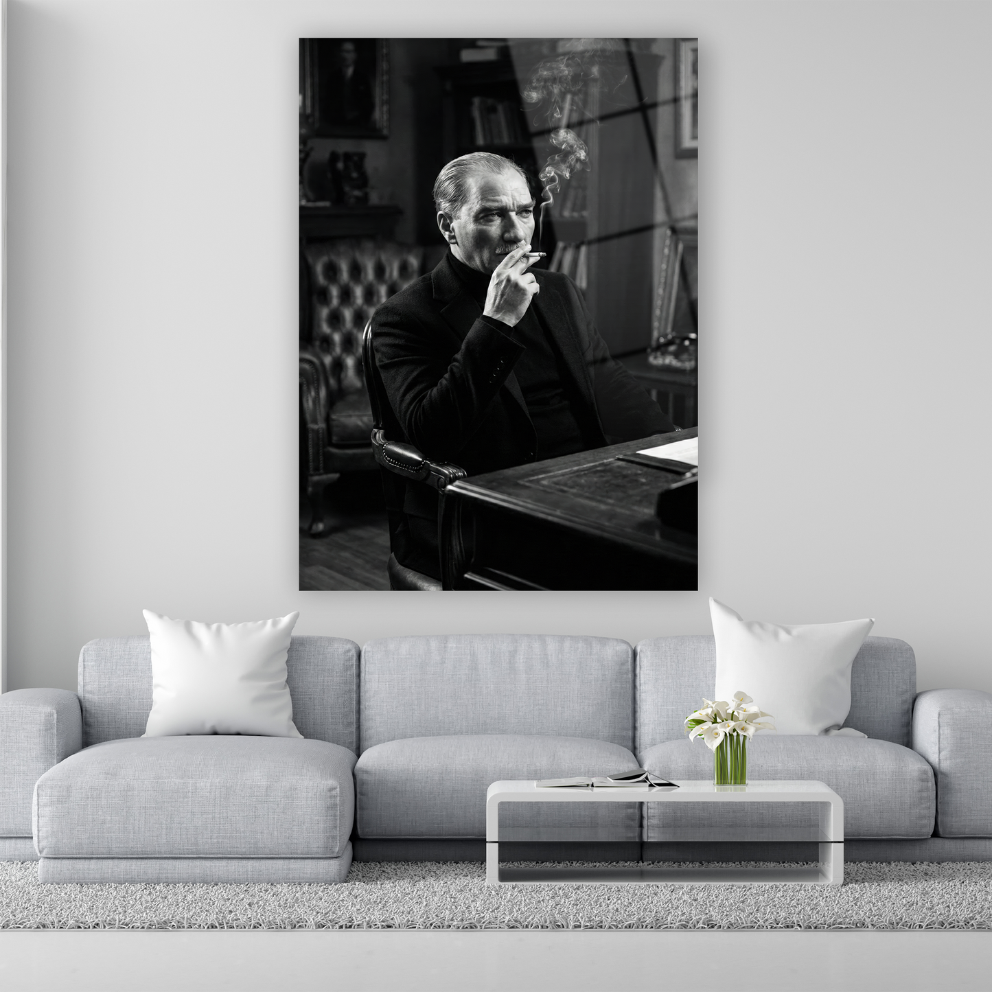 Siyah beyaz Atatürk portresi cam tablo