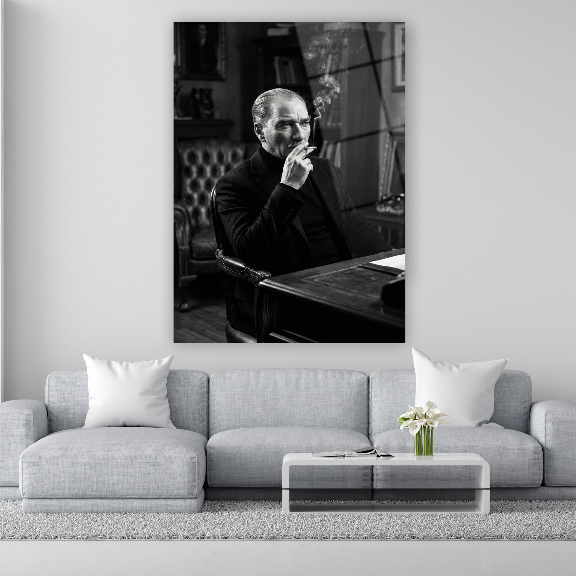 Siyah beyaz Atatürk portresi cam tablo