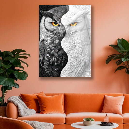 Modern çalışma odası duvarında asılı mistik baykuş temalı cam pano