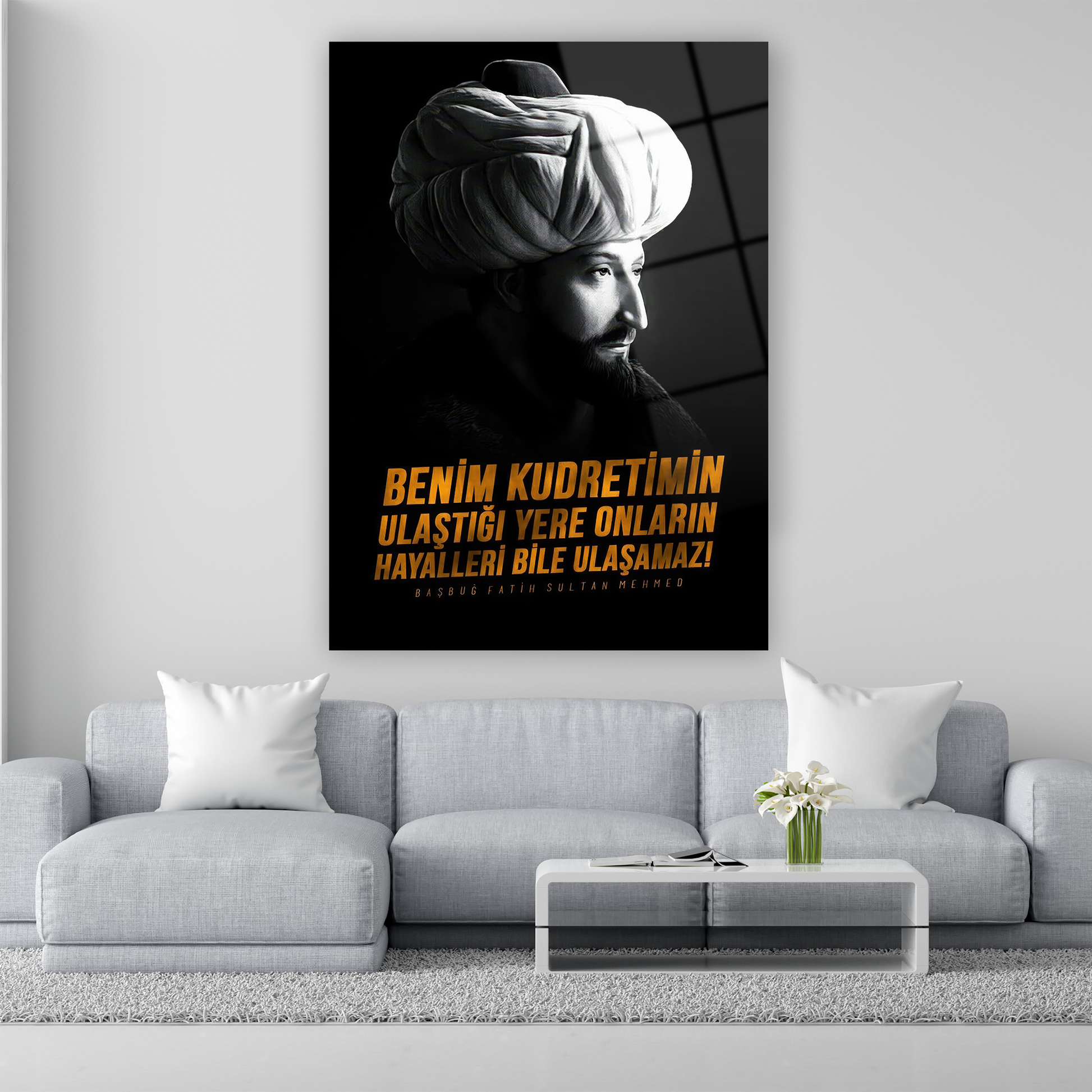 siyah beyaz fatih sultan mehmed portresi ve sözü cam tablo
