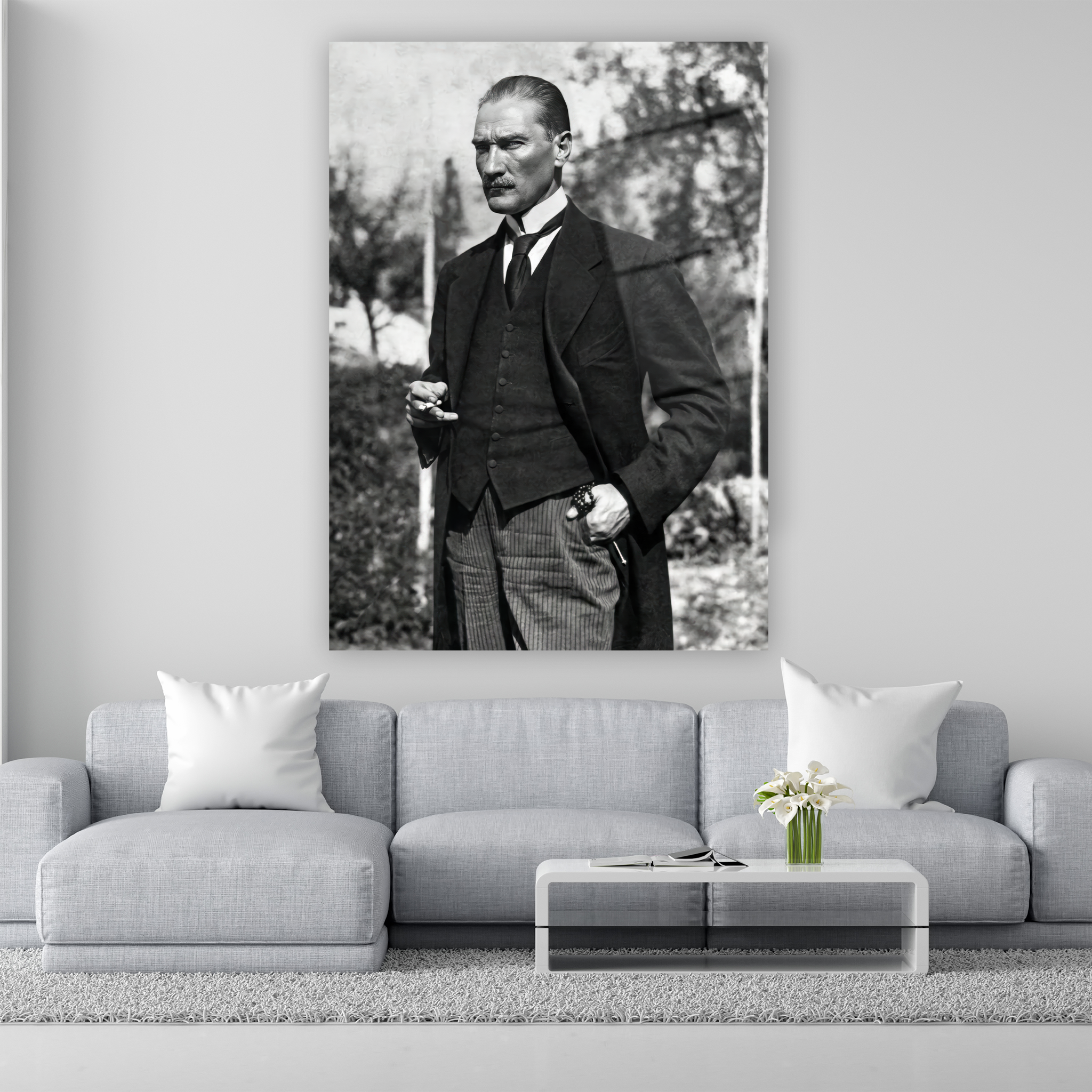 siyah beyaz klasik mustafa kemal atatürk portresi cam tablo