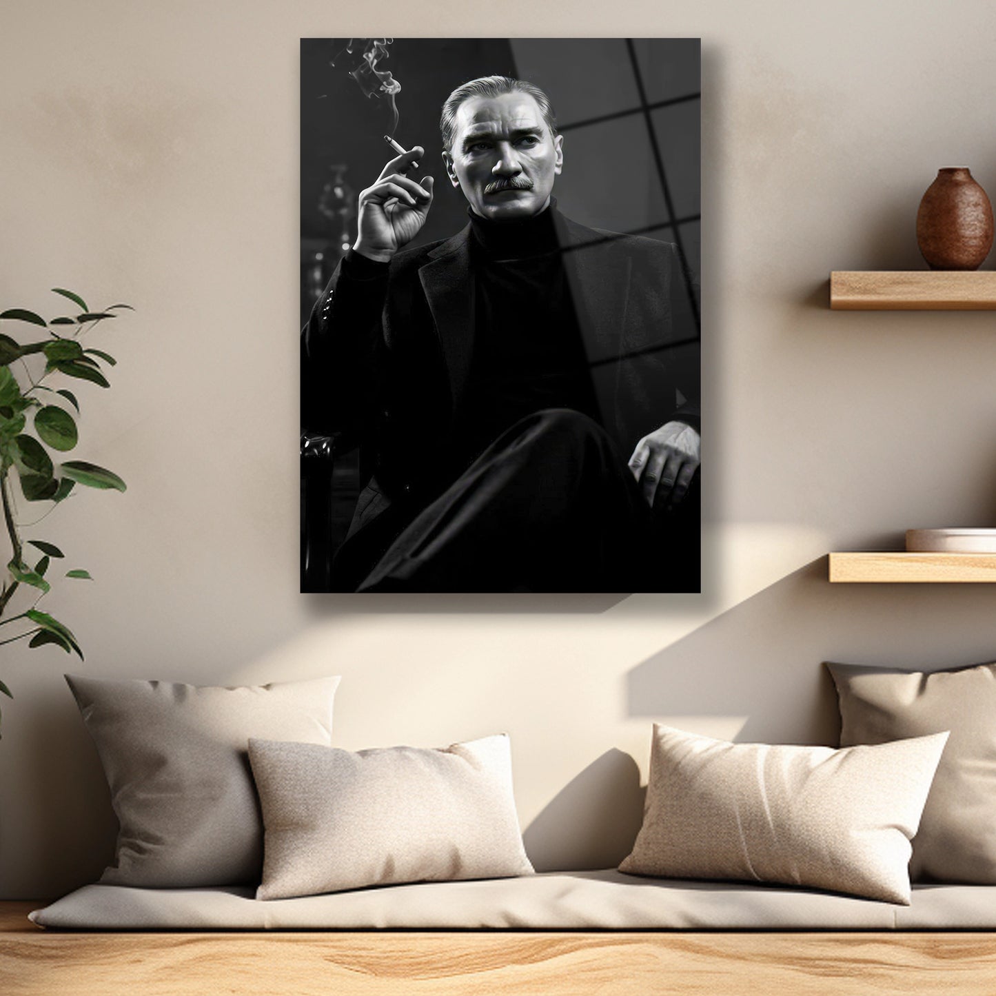 Atatürkün elindeki sigara ve duman detaylı siyah beyaz tablo