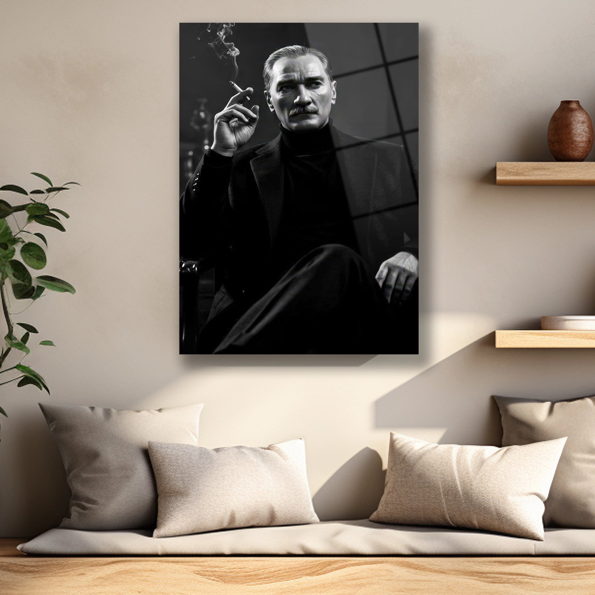 Atatürkün elindeki sigara ve duman detaylı siyah beyaz tablo