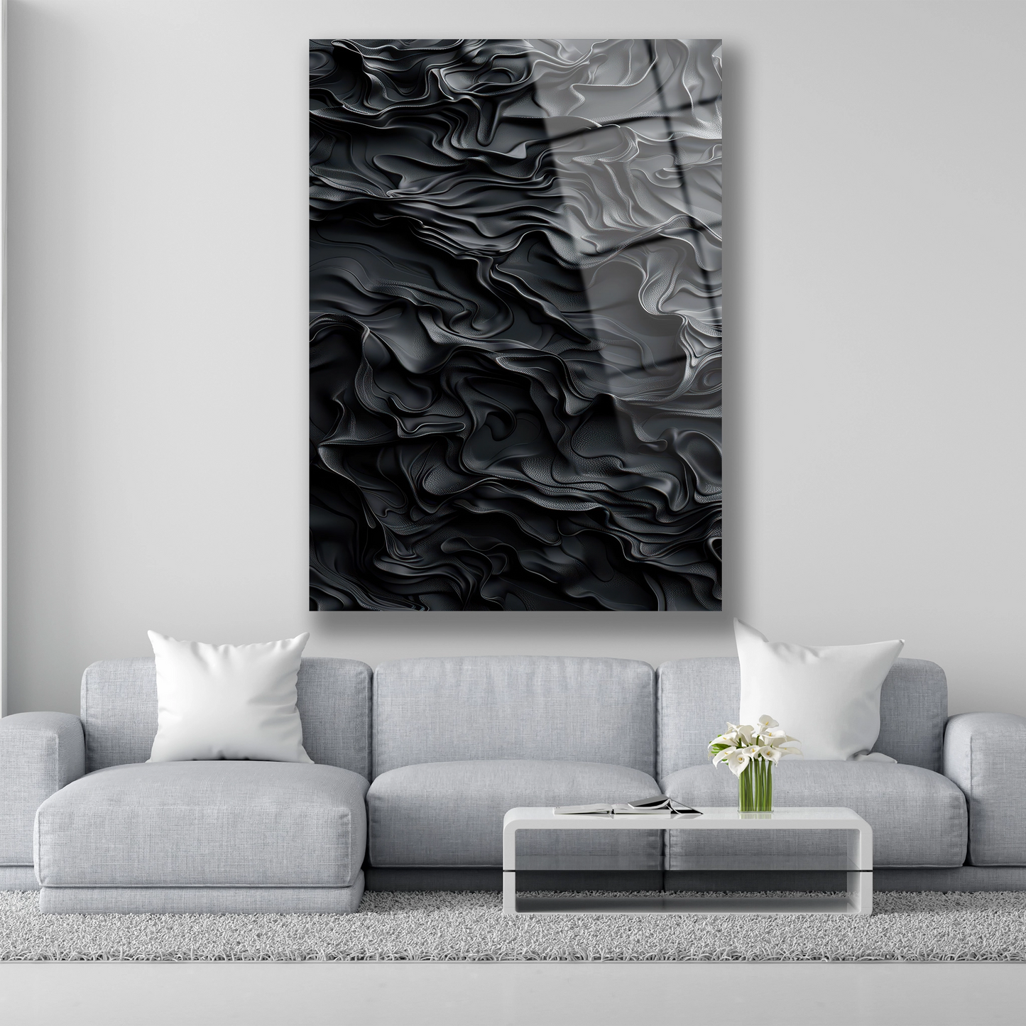 Siyah ipek ve deri dokusu görünümlü 3D dalgalı cam tablo