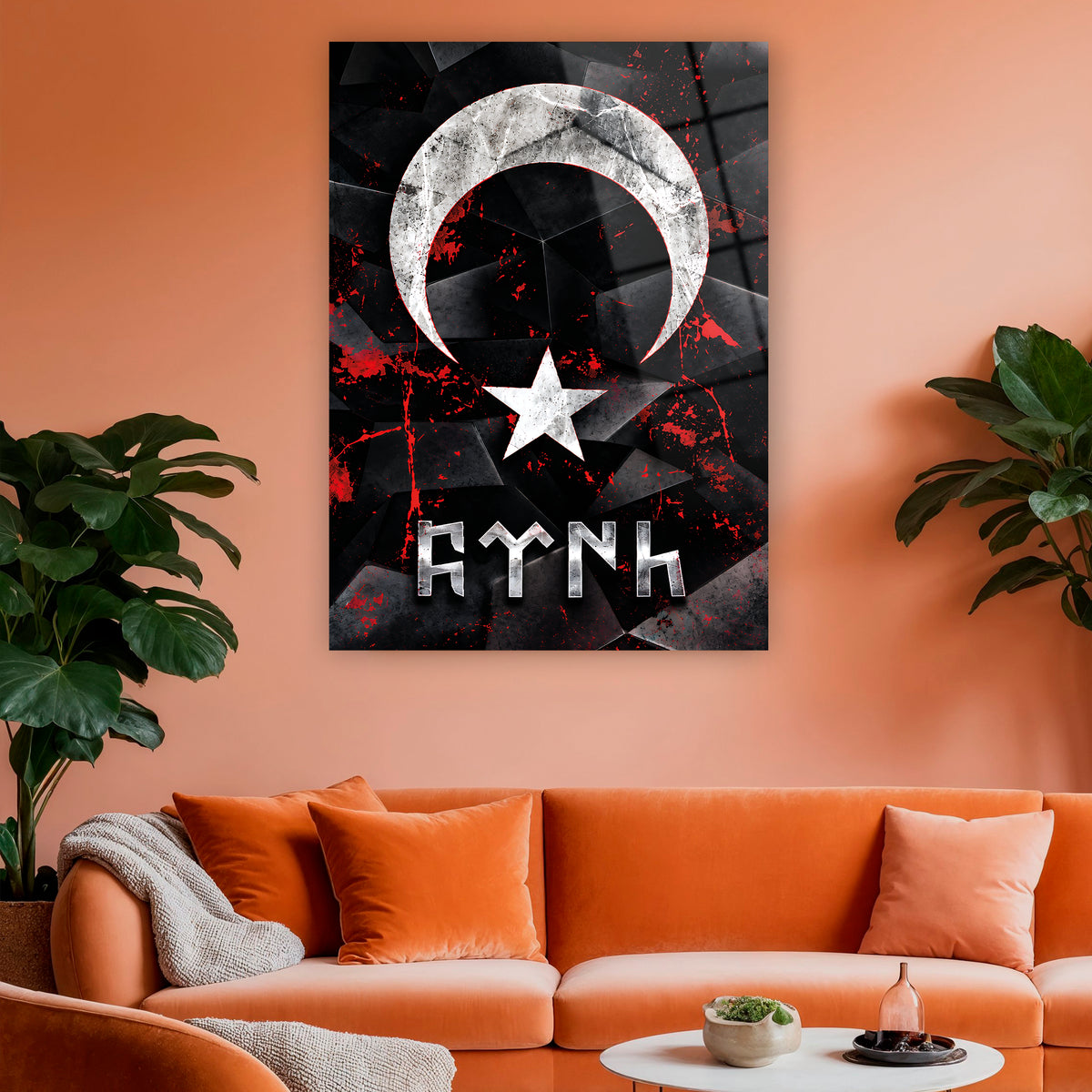 Siyah kırmızı Türk tarihi temalı cam tablo
