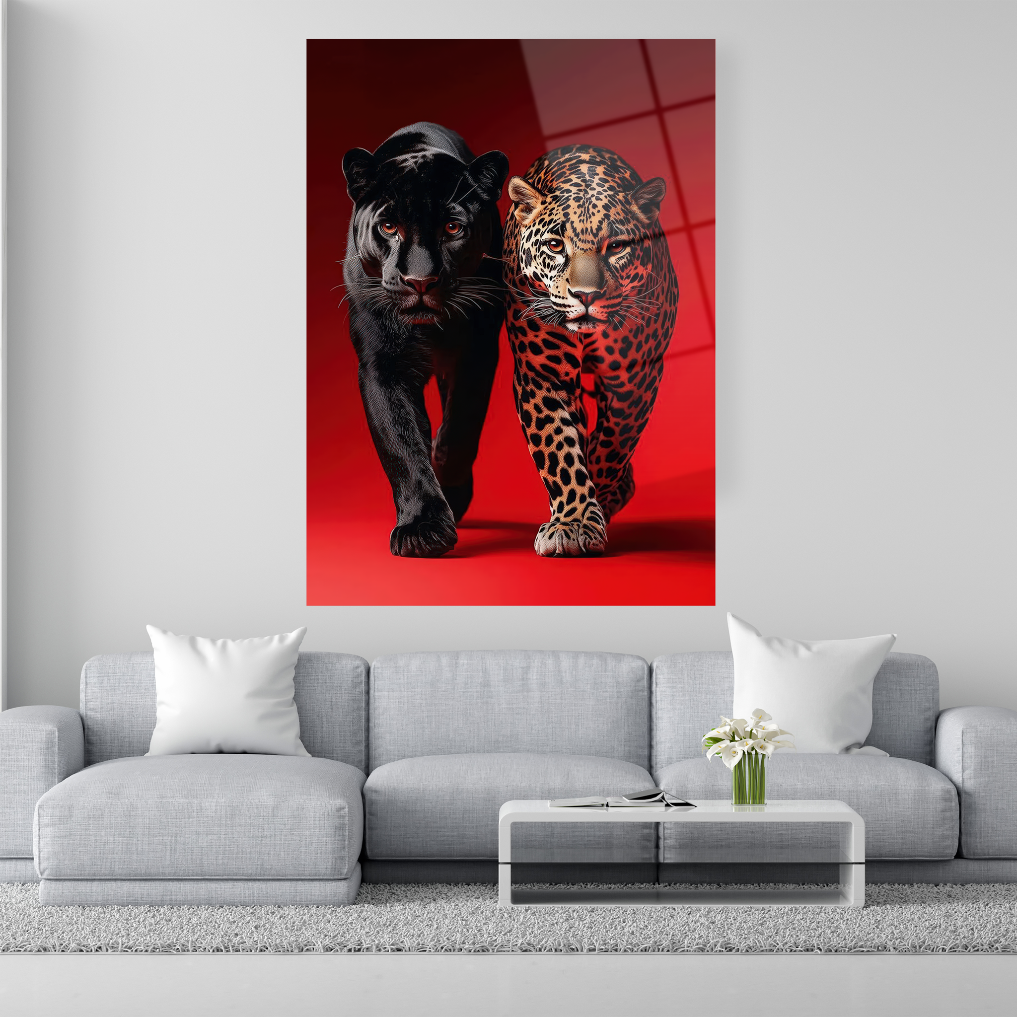 Siyah panter ve leopar figürlü kırmızı zeminli cam tablo